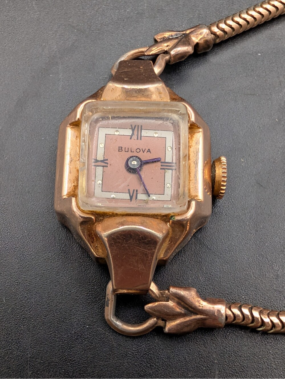 Vintage Bulova 14K Gold Filled Ladies Watch Rose Tone Dial Art Deco AS-IS
